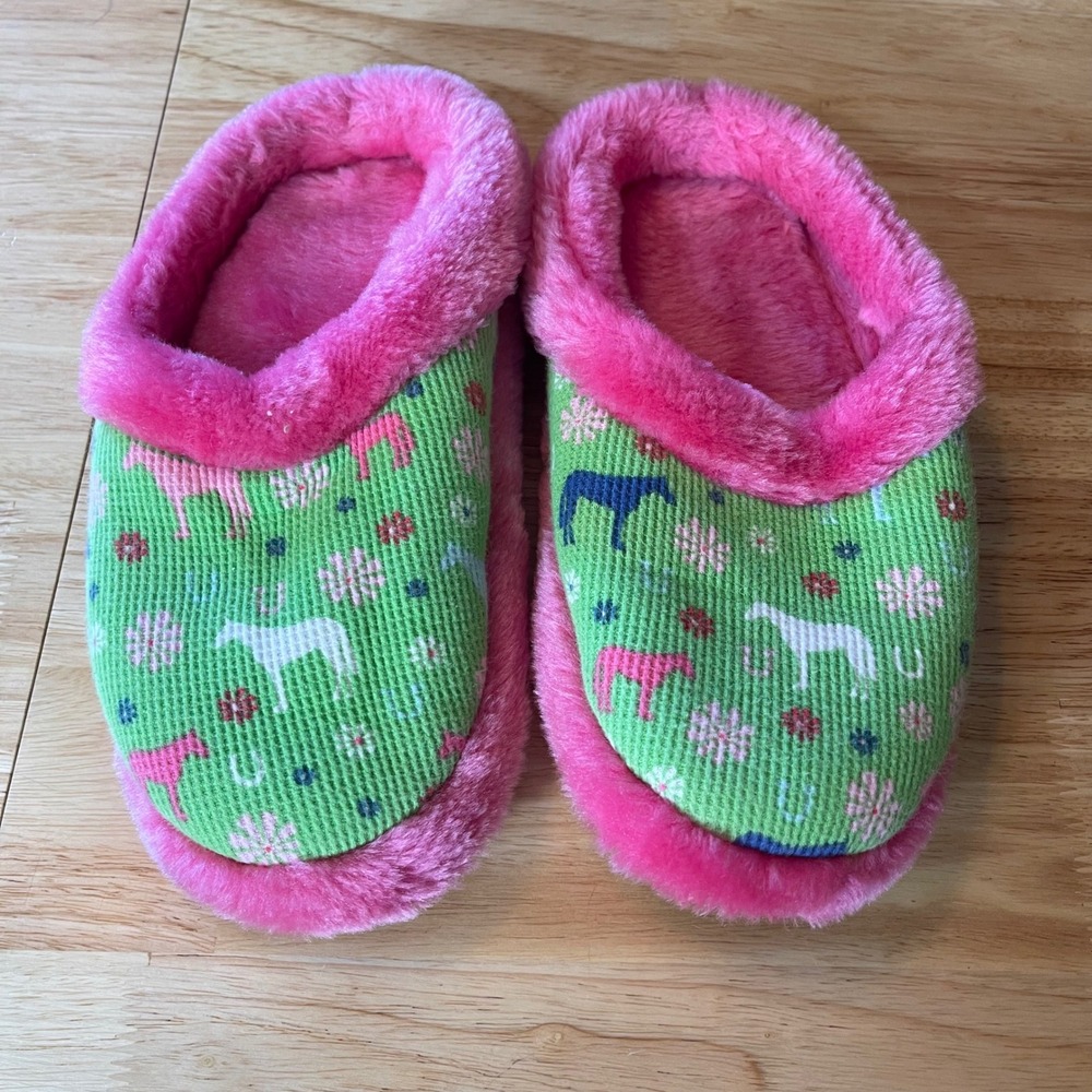 Victorias Secret Pink Green Horse Floral Waffle Knit Faux Fur Slippers Large